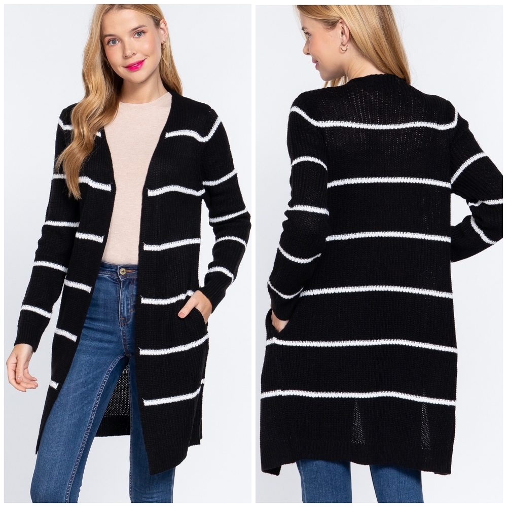 Cozy Chic Black Striped Longline Open Card… - Picture 2 of 7